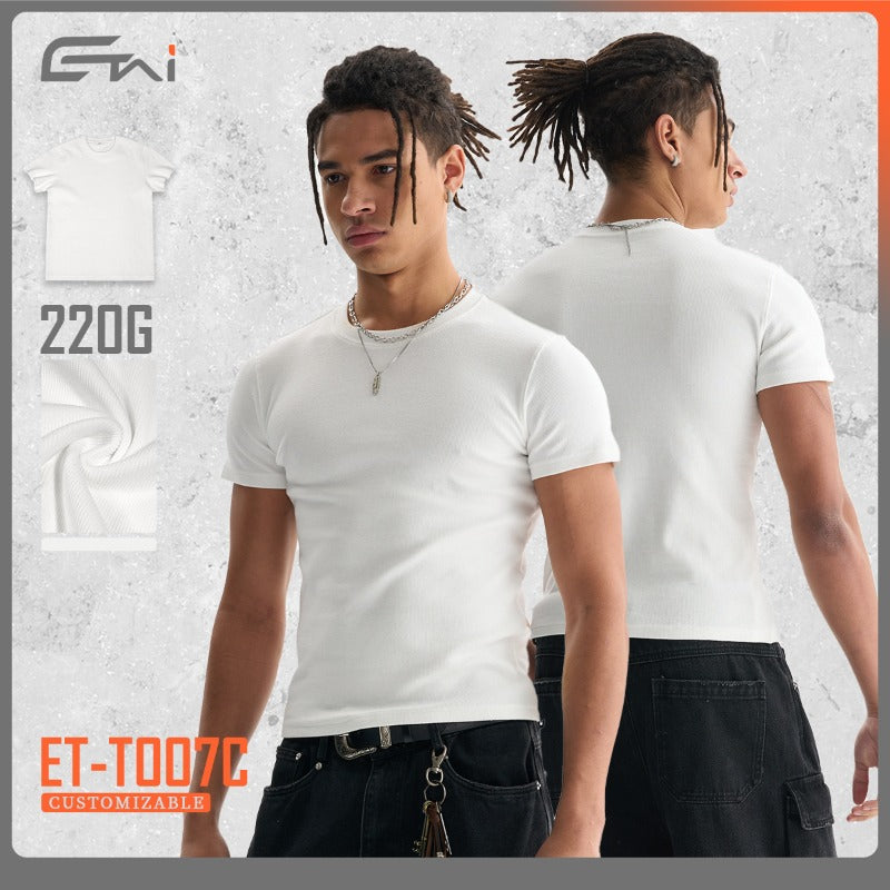 Etai men's fashion european and american trendy high-quality slim-fit cropped ribbed short-sleeve versatile streetwear men's crew neck t-shirt