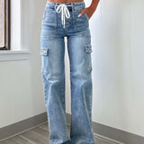 Women's pants: factory direct straight-leg jeans, american casual drawstring multi-pocket cargo pants - in stock