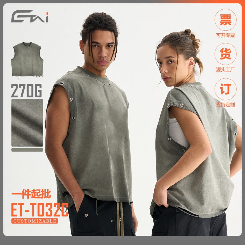Etai men's clothing youth streetwear retro boxy sleeveless short sleeve men's high-quality pure cotton distressed tank top