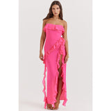Women's dress - cross-border fashion: european & american summer sexy ruffle bandeau slit sleeveless off-shoulder evening gown dress