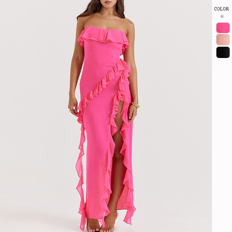 Women's dress - cross-border fashion: european & american summer sexy ruffle bandeau slit sleeveless off-shoulder evening gown dress