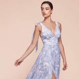 Women's dress - cross-border supply - european & american style - chiffon printed maxi dress - halter neck slit - vacation style dress