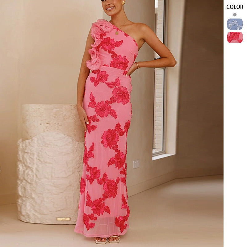 Women's dress - export quality, asymmetrical neckline, european & american style, amazon fashion, spaghetti strap, bodycon, sexy, 3d floral appliqué, new summer collection
