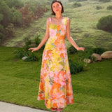 Women's dress - ready stock for export, summer collection, european & american style, cross-border vacation look, spaghetti strap maxi dress with floral print and flared hem
