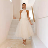 Women's dress - cross-border fashion: european & american spring/summer high-end tulle turtleneck casual halter dress