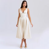Women's summer dress - slim fit camisole maxi dress - european & american style fashion - solid color v-neck elegant dress