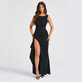 Women's dress - new summer collection: european & american style, solid color, round neck, high slit, sexy backless, slim fit maxi dress