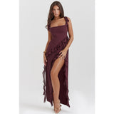 Women's dress - cross-border fashion, european & american summer style, french-style spaghetti strap, ruffle trim, designer detail, sexy slit maxi dress