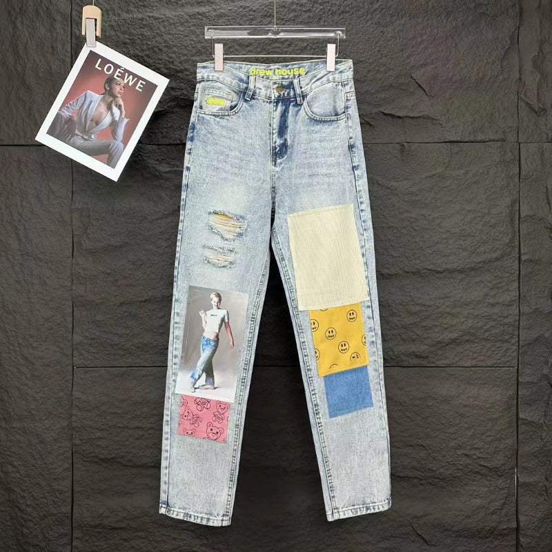 Drew house pants spring & fall d@ew ripped patch pattern casualjeans