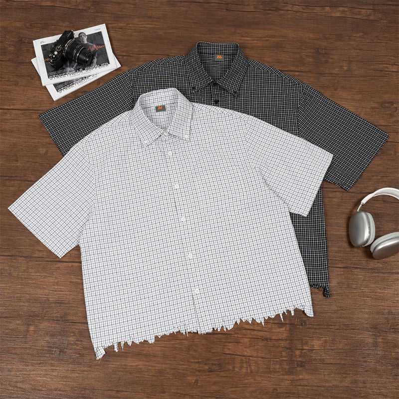 Etai men's fashionable brand fine grids pattern damaged hem shirt short sleeve men's summer thin men's casual boxy shirt