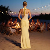 Women's dress - amazon cross-border halter neck tie mesh panel flowy maxi dress - european & american style