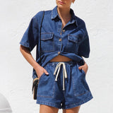 Women's pants: european and american cross-border retro casual loose-fit short-sleeve shirt and shorts denim two-piece set - women's spring/summer collection