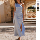 Women's dress - cross-border amazon single shoulder shirred slit sexy short sleeve satin dress - european and american summer elegant maxi dress