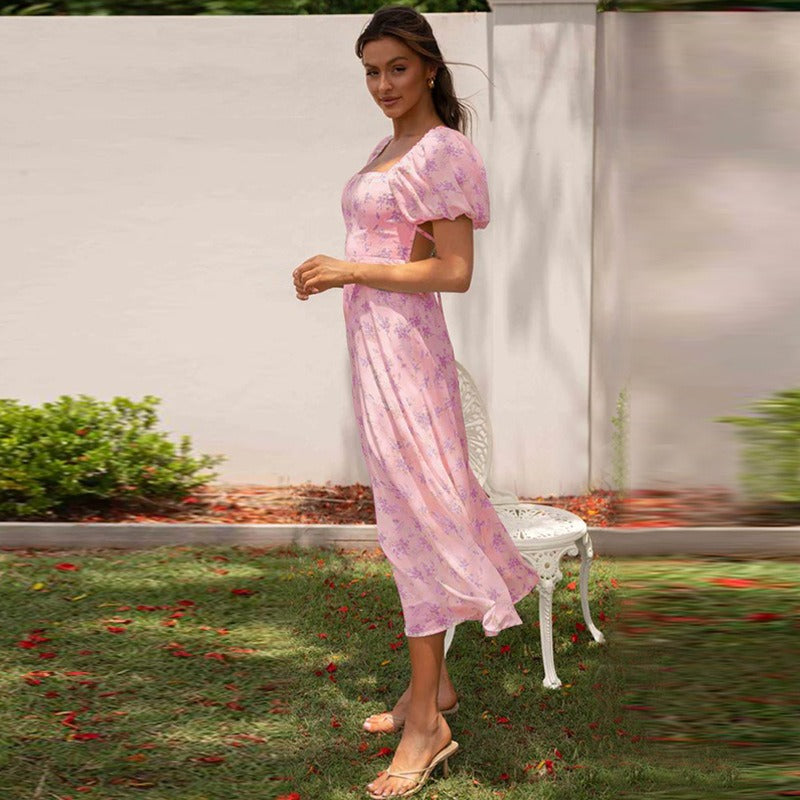 Women's dress: spring/summer european and american style, cross-border backless hot girl dress, spring collection, puff sleeve floral print dress, slimming, light luxury