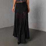 Women's dress: versatile black lace see-through sexy ankle-length skirt - european & american style, summer fashion, mid-waist, work-ready midi skirt for women