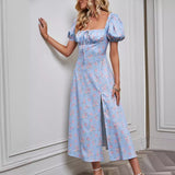 Women's dress - in-house photography - spring/summer european & american fashion - women's bubble sleeve tie-up bandeau slit floral mini dress - short sleeve