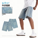 Personalizedretro washed denim shorts g high quality denim shorts trendy brand loose edge frayed denim shorts