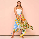 Women's dress - spring/summer long printed a-line midi skirt with asymmetrical hem and cinched waist - stylish and elegant