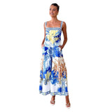 Women's dress - ready-to-ship summer collection: european & american style, cross-border, vacation-inspired maxi dress with placement print and spaghetti straps