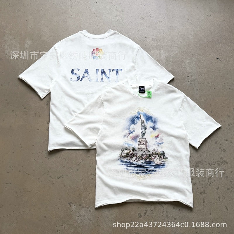 saint m t shirts  s.m oil painting statue of liberty crew neck pullover short sleeve top - wholesale