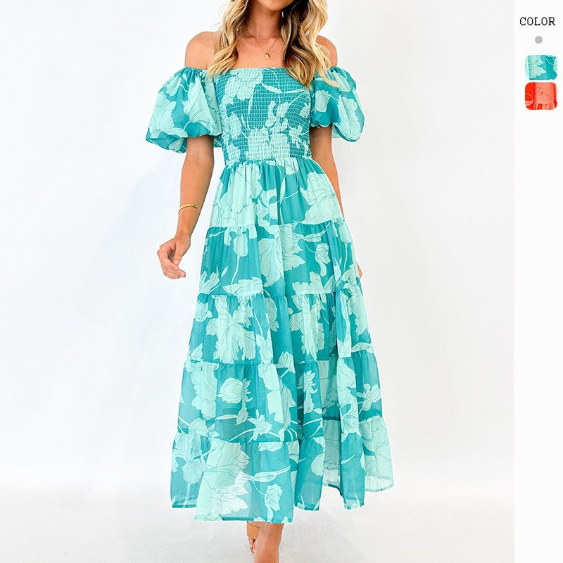 Women's summer dress - cross-border e-commerce, european & american style - amazon-ready off-the-shoulder chiffon dress with bubble sleeves and tiered print