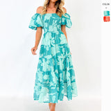 Women's summer dress - cross-border e-commerce, european & american style - amazon-ready off-the-shoulder chiffon dress with bubble sleeves and tiered print