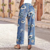 Women's vintage denim pants - cross-border, random print, loose wide-leg, spring/summer floral pattern, straight-leg, high-waisted jeans