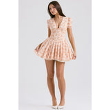 Women's french sweet floral print bubble sleeve dress - summer ballet dopamine outfit - cinched waist spicy girl a-line skirt