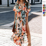 Women's dress - amazon cross-border summer european and american style sexy high-waisted fashion printed slit dress