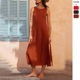 Women's sleeveless midi dress - spring/summer casual fashion: round neck, solid color, lace trim, and slit detail