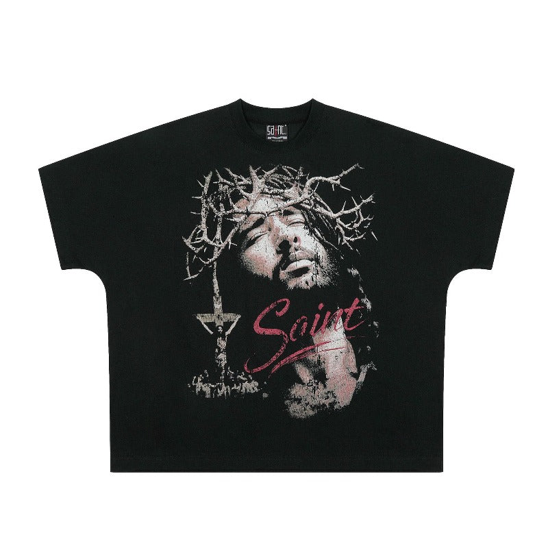 saint m t shirts  s.m character & letter graphic crew neck pullover short sleeve t-shirt - wholesale