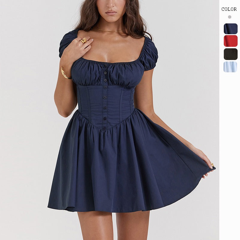 Women's dress - cross-border spring/summer sweet & spicy slim-fit mini dress - puff sleeve square neck dress for women