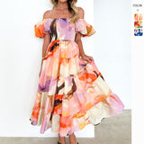 Women's dress - cross-border fashion: elegant summer print one-shoulder vacation dress - sexy, loose fit