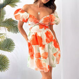 Women's dress - amazon cross-border fashion: european & american summer elegant print hollow-out v-neck puff sleeve mini dress
