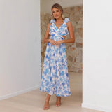 Women's chiffon floral dress - summer bestseller: backless, criss-cross tie, ruched, maxi dress