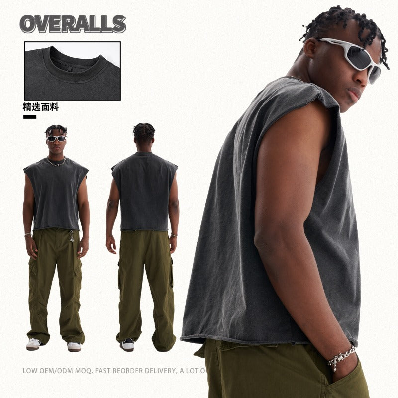 Personalizedretro washed short tank top% cotton plaidcasual tank top square version sleeveless men t-shirt