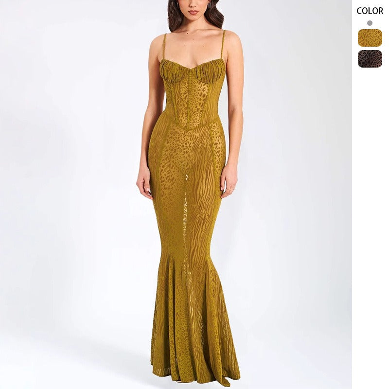 Women's dress: american summer style, ultra-sexy leopard print, low-cut, see-through, slim-fit cami dress