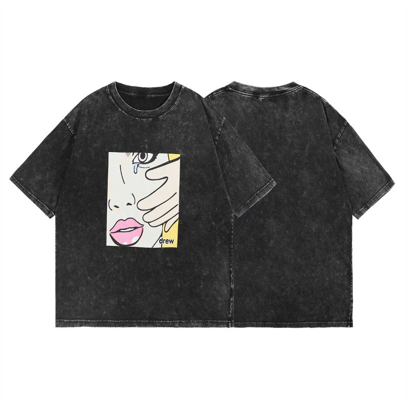 Drew house t-shirt - spring/summer d@ew girl crying face graphic, washed and distressed short sleeve tee - wholesale
