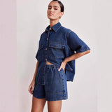Women's pants: european and american cross-border spring/summer retro casual loose pocket short sleeve shirt & shorts denim set