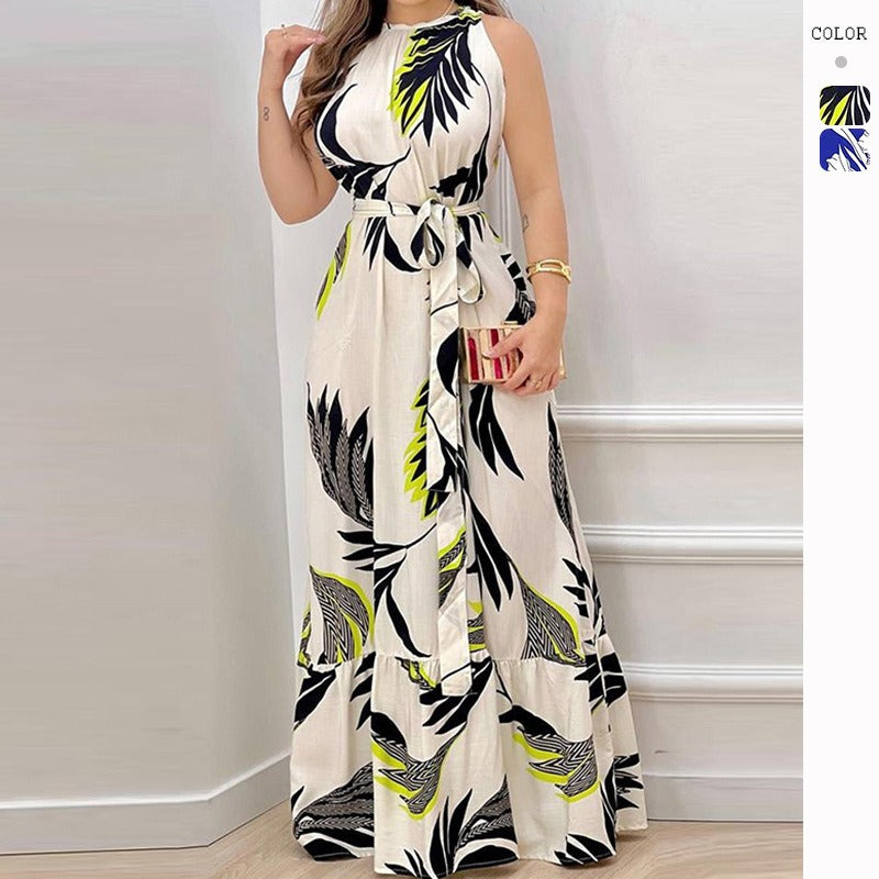 Women's dress - cross-border amazon ebay us/eu summer halter neck tie-up printed ruffle hem dress
