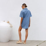 Women's dress - premium european & american style denim short-sleeve shirt dress with cardigan, loose fit, perfect for amazon & international trade