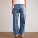 Women's pants: in-stock european & american retro distressed straight-leg jeans, casual patchwork long pants, loose-fit denim for women