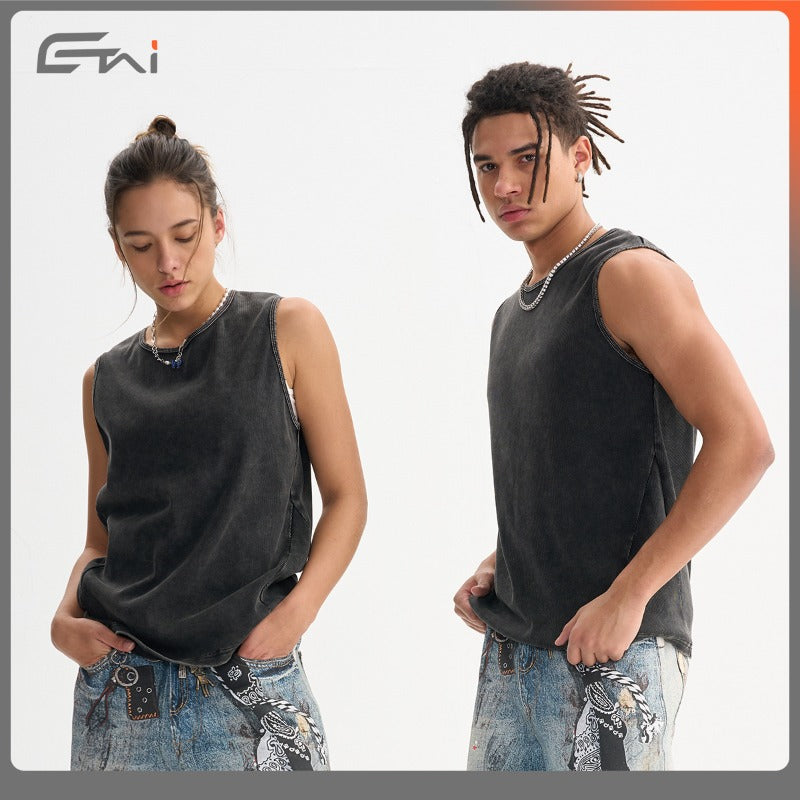 Etai men's clothing solid color retro slim-fit heavyweight tank top with washed and distressed patchwork ribbed detail