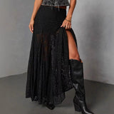 Women's dress: versatile black lace see-through sexy ankle-length skirt - european & american style, summer fashion, mid-waist, work-ready midi skirt for women