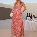 Women's dress: european and american style, cross-border amazon spring collection, elegant printed deep v-neck sexy cutout midi dress
