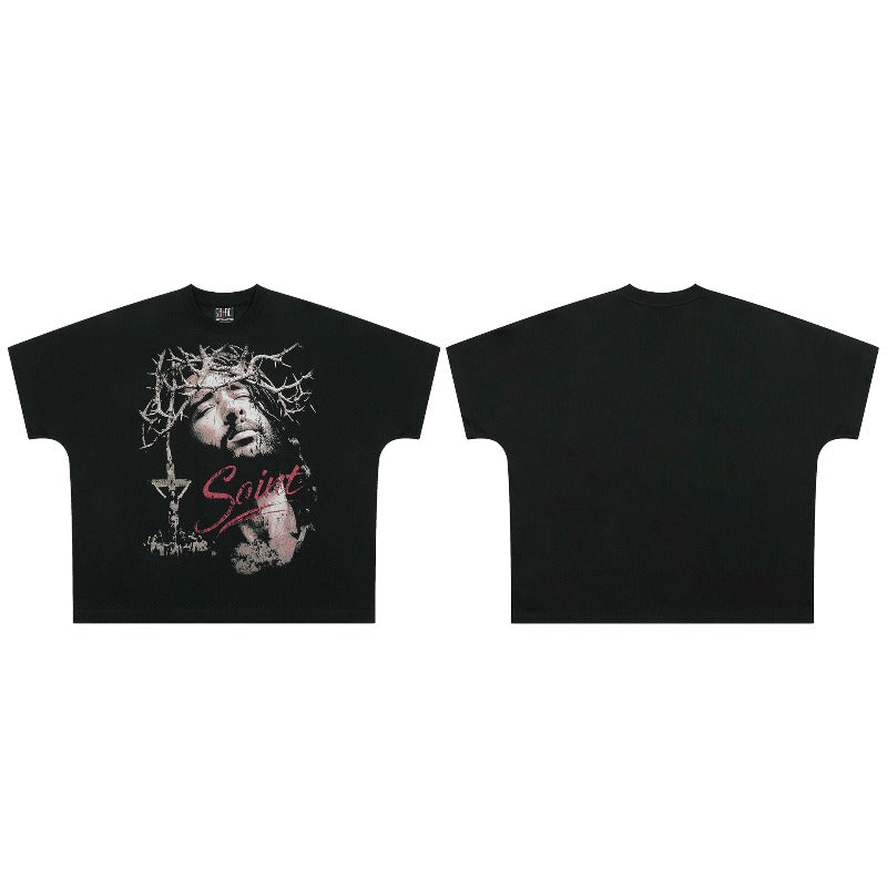 saint m t shirts  s.m character & letter graphic crew neck pullover short sleeve t-shirt - wholesale