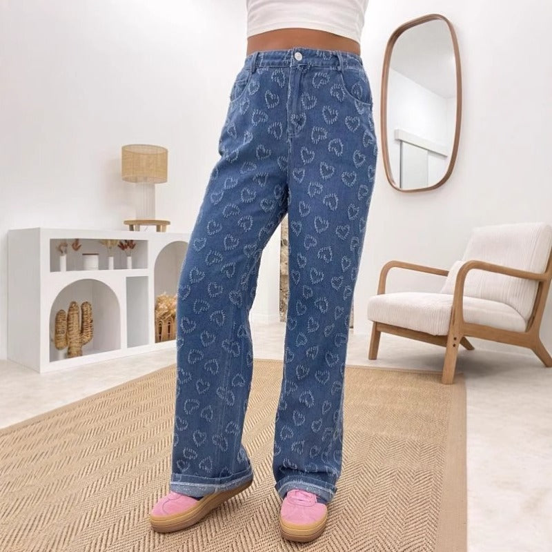 Women's spring amazon cross-border fashion heart crochet denim jeans - women's casual washed straight-leg trousers