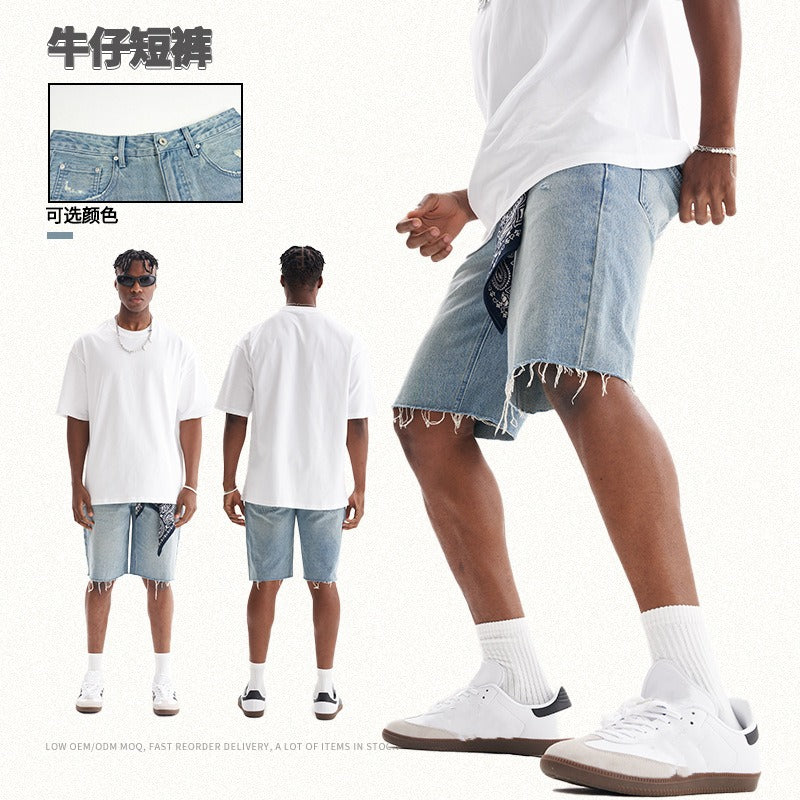 Personalizedretro washed denim shorts g high quality denim shorts trendy brand loose edge frayed denim shorts