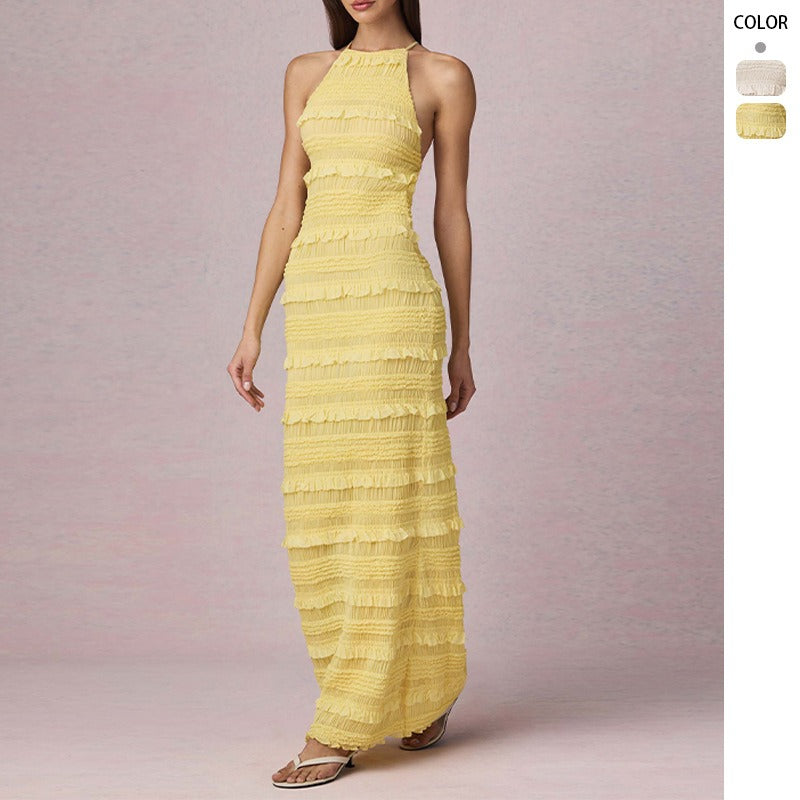 Women's dress - cross-border summer fashion: european & american style, amazon hot seller, sexy ruffle trim, backless halter neck, tie-up maxi dress