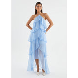 Women's french riviera style beach dress - summer sleeveless halter sundress with ruffle trim